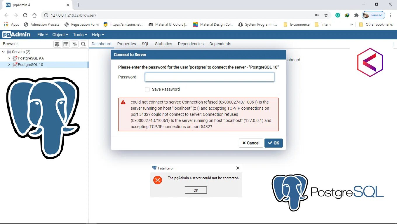 Connection to Server at localhost 1 Port 5432 failed POSTGRESQL. PGADMIN 4. The PGADMIN 4 Server could not be contacted:. POSTGRESQL 3 ошибка.