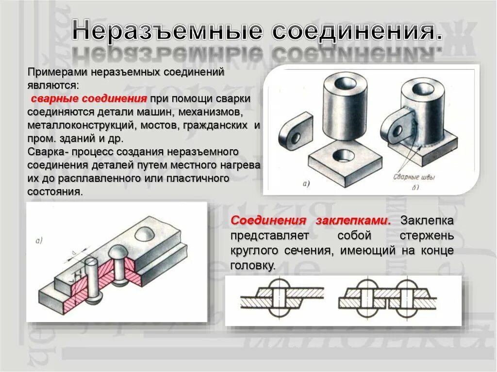 Соединение частей основ. Неразъёмные соединения деталей машин сварочное. Разъемные и неразъемные типы соединения деталей. Сборка неразъемных и разъемных соединений. Сборка неподвижных неразъемных соединений.