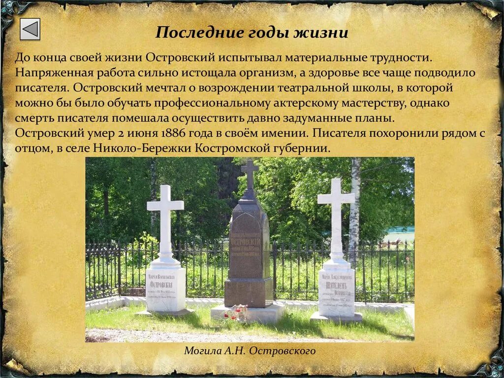 В чем суть последней. Островский Александр Николаевич последние годы жизни. Могила Александра Островского. Александр Островский могила. Последние годы и смерть Островского.