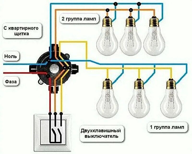 Как подключить два светильника на двойной выключатель. Двойной выключатель схема подключения проводов на 2 лампы. Схема подключения двойного выключателя на 2 светильника. Схема расключения двухклавишного выключателя на 3 лампочки. Схема 2-х клавишного выключателя на 2 лампы.