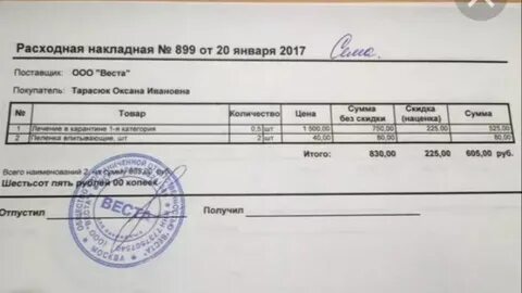 Накладная на реализацию продукции