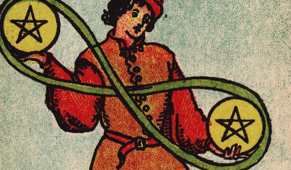 2 пентаклей таро уэйта значение. Карты таро райдера уэйта двойка пентаклей. 2 пентаклей уэйта. Двойка денариев таро. 2 пентаклей таро райдера уэйта.