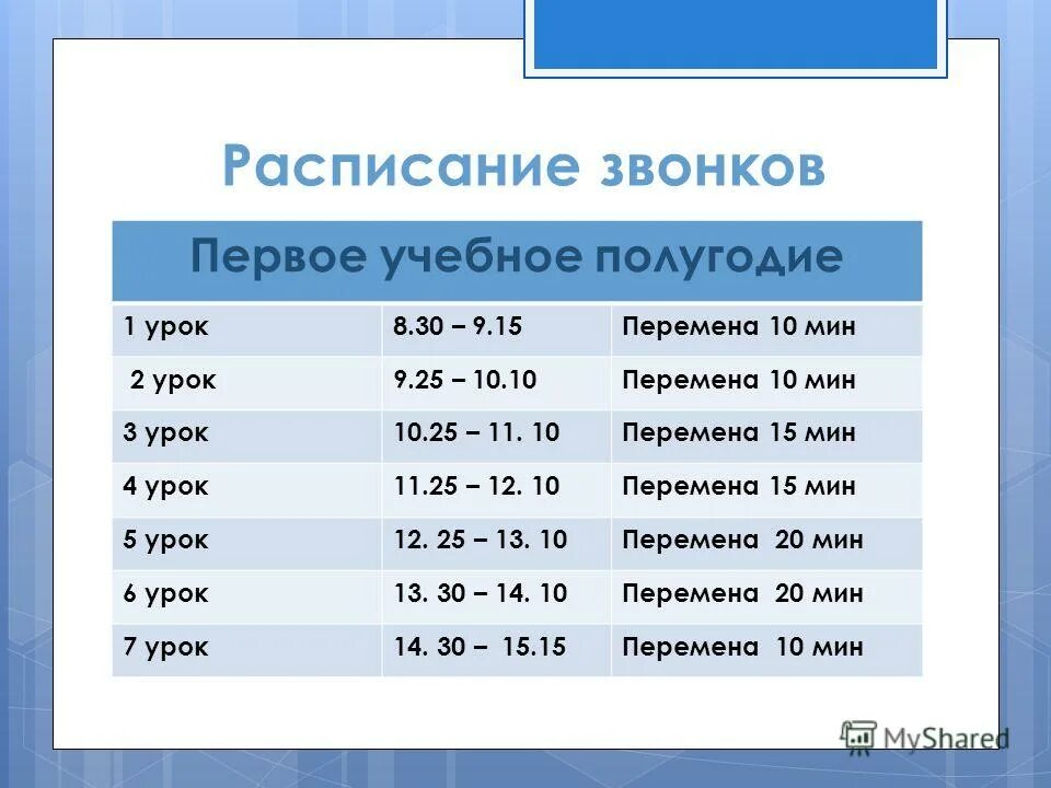 Расписание звонков с 8 по 40