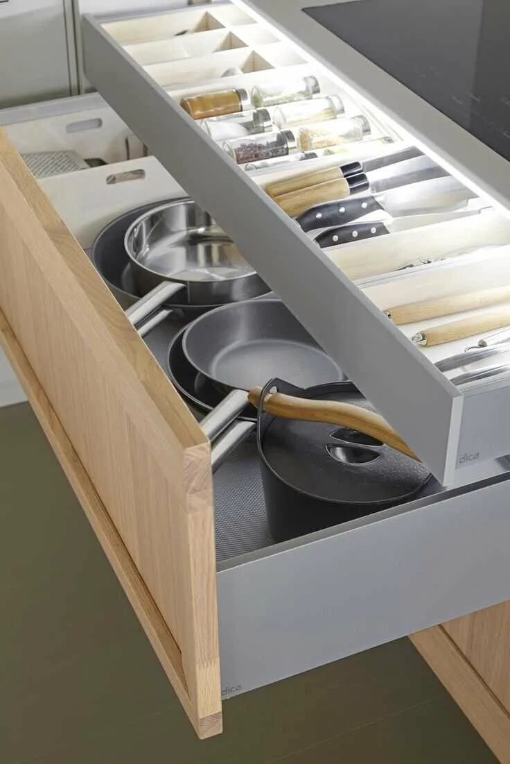 Выдвижная система padella. Кухонный шкаф с ящиками. Хранение кухонной утвари. Удобные шкафы для кухни.