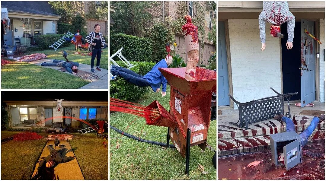 Соседка вызвала полицию. Мужчина украсил двор к Хэллоуину. Американец украсил свой дом на Хэллоуин. Украшение двора на Хэллоуин трупы.