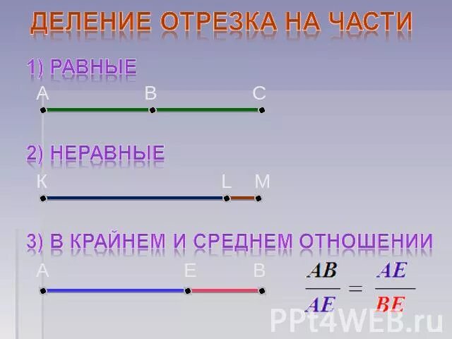 Деление отрезка в крайнем и среднем отношении. Разделить отрезок на 3 части. Равные и неравные отрезки. Отрезок разделили на 3 неравные части. Отрезок разделили в отношении 3 4