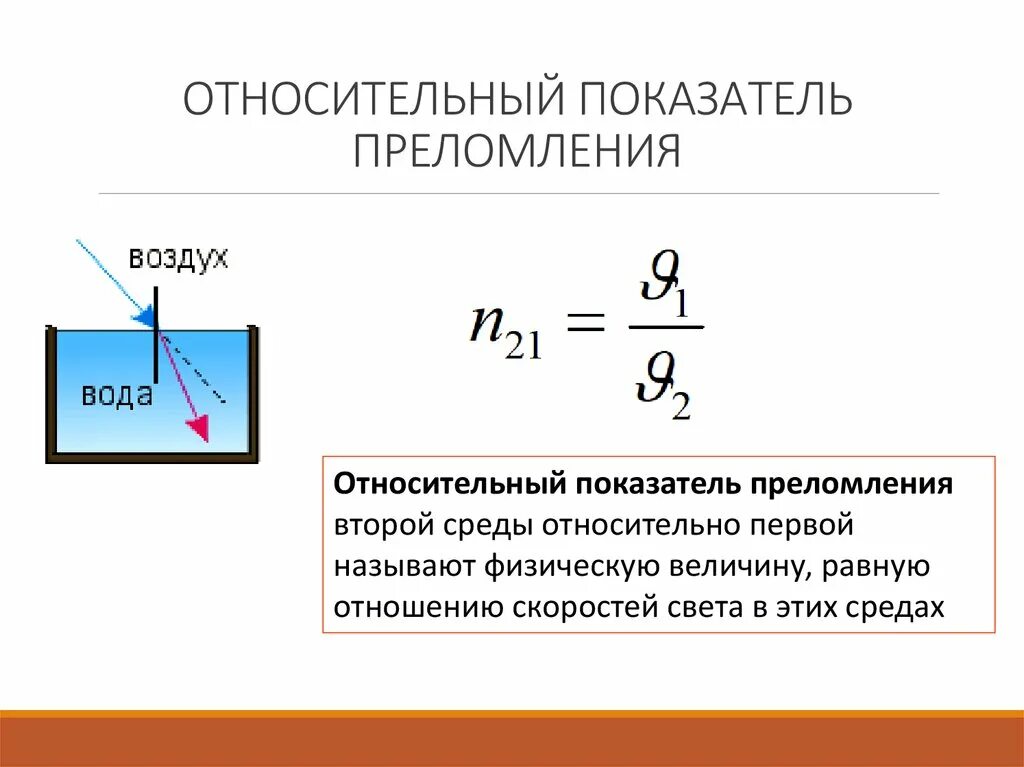 Показатель преломления 1 среды. Относительный показатель преломления двух сред формула. Чему равен показатель преломления среды. Показатель преломления формула физика.