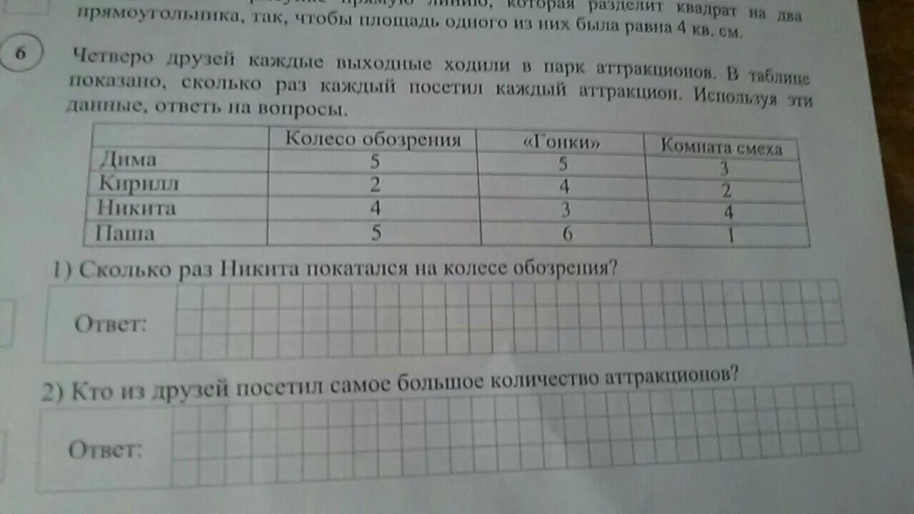 Четверо друзей каждые выходные. Четверо друзей каждые выходные ходили в парк аттракционов в таблице. Семья ходила за грибами в таблице показано кто.