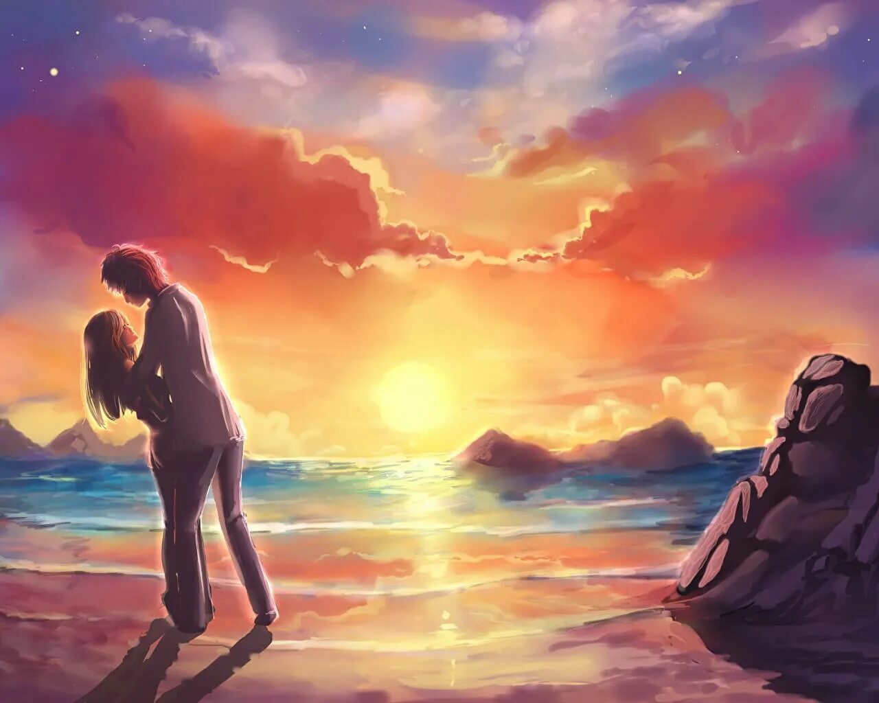 Влюбленные арт. Любовь арт. Романтический пейзаж. Двое на закате у моря.