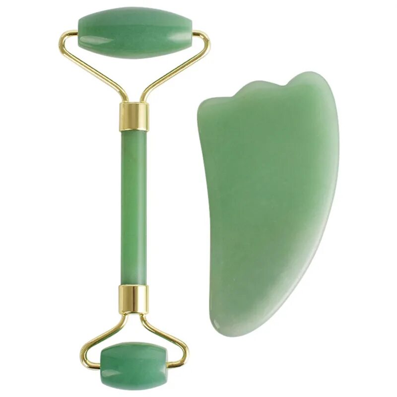 081118. Массажный набор для лица. Массажный набор для лица. Роликовый ребристый массажер для лица. Скребок гуаша из нефрита.