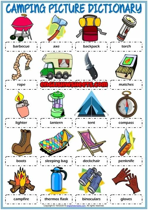 Camping vocabulary. Camping Vocabulary for Kids. Camping Equipment Vocabulary. Camping ESL. Camping Equipment Worksheets.