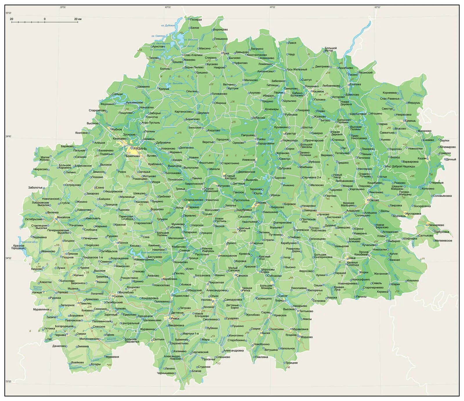 Карта рязанской области с дорогами. Физическая карта Рязанской области. Физическая карта Рязанской области подробная. Карта Рязанской области подробная. Географическая карта Рязанской области.