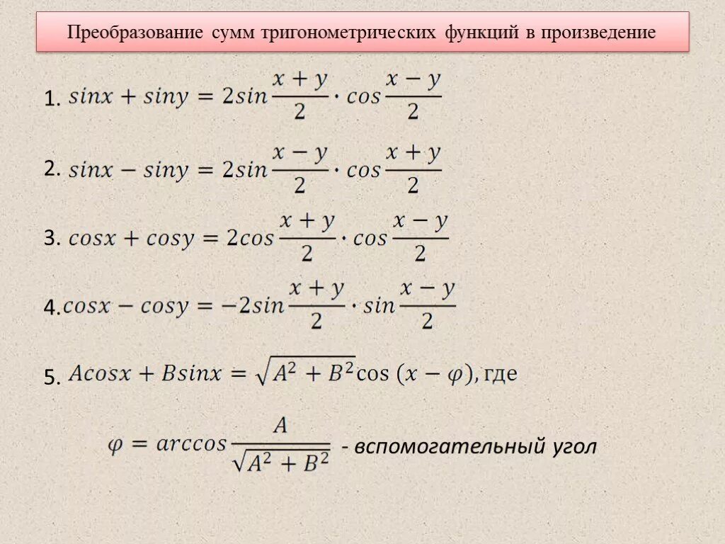 Формулы преобразования произведений функции. Формулы преобразования тригонометрических функций в сумму. Преобразование произведения тригонометрических функций в сумму. Формулы преобразования суммы в произведение тригонометрия. Формулы преобразованиямтригонометрических функций.