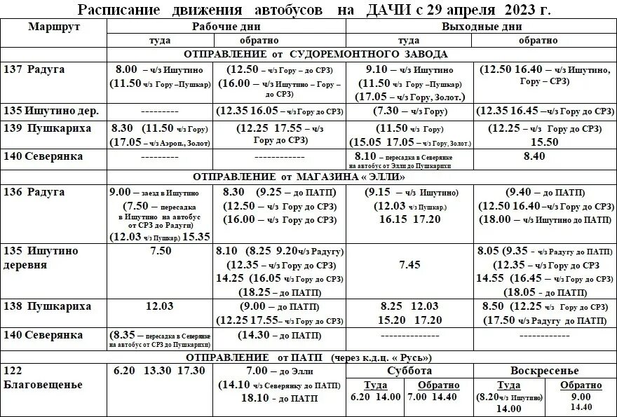 Расписание автобусов на дачные маршруты