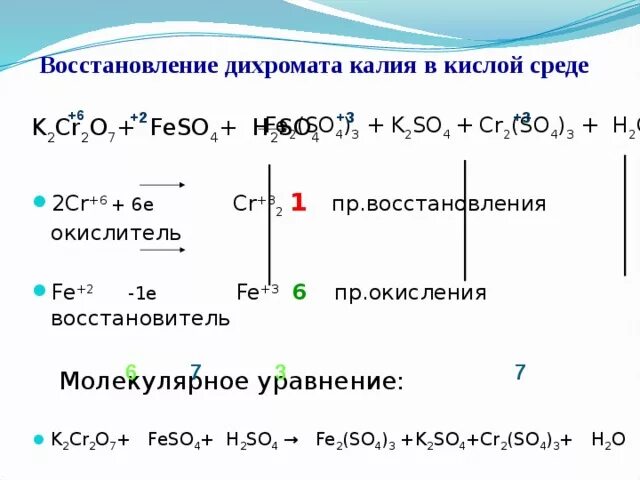 Реакция окисления в кислой среде. Реакция ОВР С дихроматом калия в кислой среде. Дихромат калия в кислой среде сульфат сульфат железа 2. ОВР С дихроматом калия в разных средах. K2so3 cr