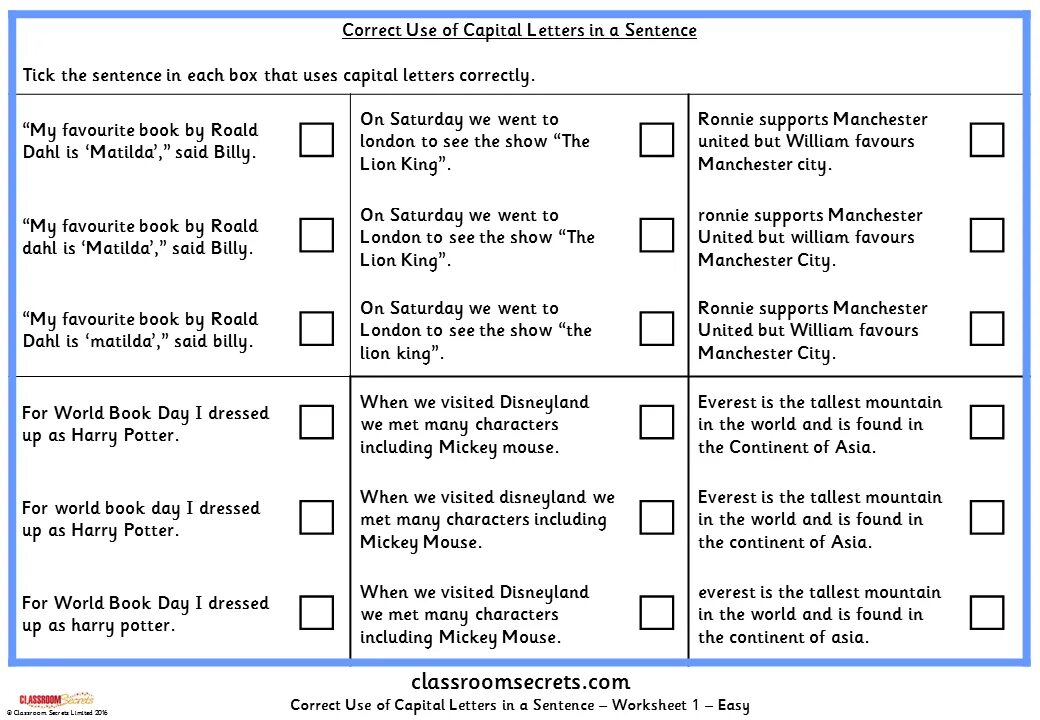 Write sentences using the correct. Use correctly. Using Capital Letters. Tick the correct sentences. Linking sentences Worksheet.