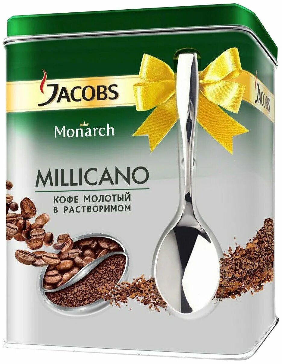 Набор молотого кофе. Кофе растворимый Jacobs Monarch Millicano сублимированный с молотым кофе подарочный набор с ложкой. Кофе растворимый Jacobs Millicano , 75 г. Jacobs Millicano подарочный набор кофе. Подарочный набор с кофе Jacobs Monarch Millicano.