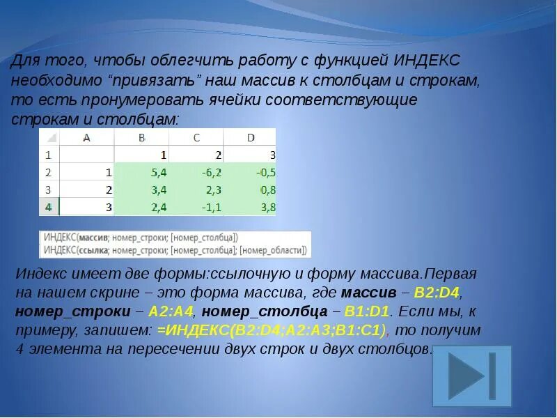 Функция индекс. Индекс столбца и индекс строки. Номер столбца и номер строки. Форма массива.