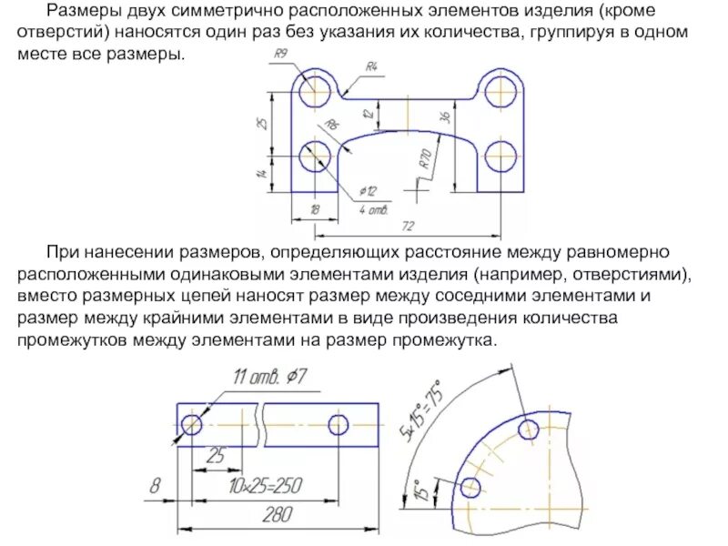 Нескольких размерах и формах. Нанесение размеров нескольких отверстий. простановка размеров между отверстиями. размеры симметрично расположенных элементов. нанесение размеров на симметричные элементы на чертеже.