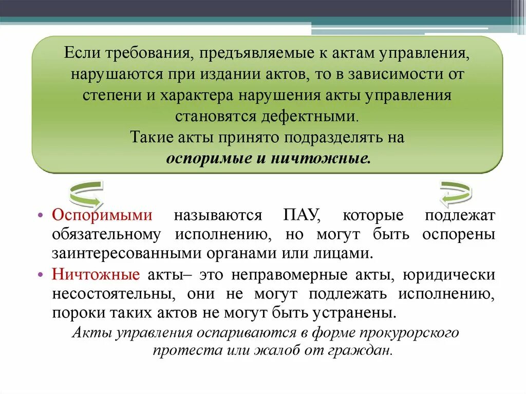 Требования предъявляемые к административным актам. Оспоримые акты управления. Ничтожные акты управления. Примеры оспоримых актов управления. Неправомерные акты управления это.