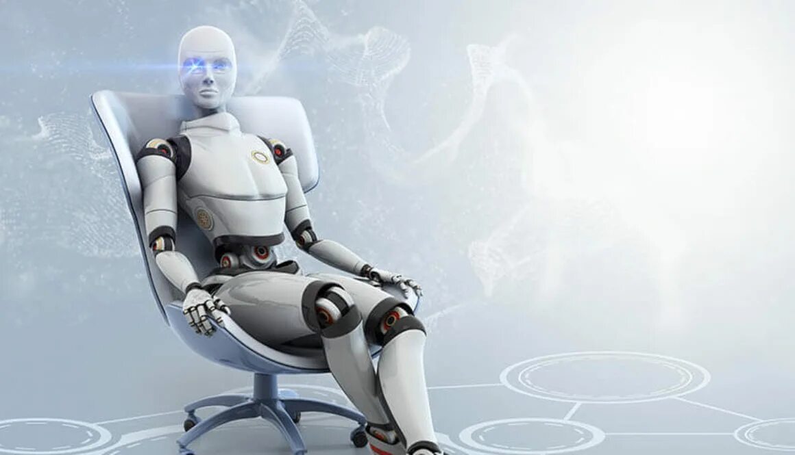 Роботы будущего. Синтетический робот. Робот с искусственным интеллектом для детей. Робот сидит.