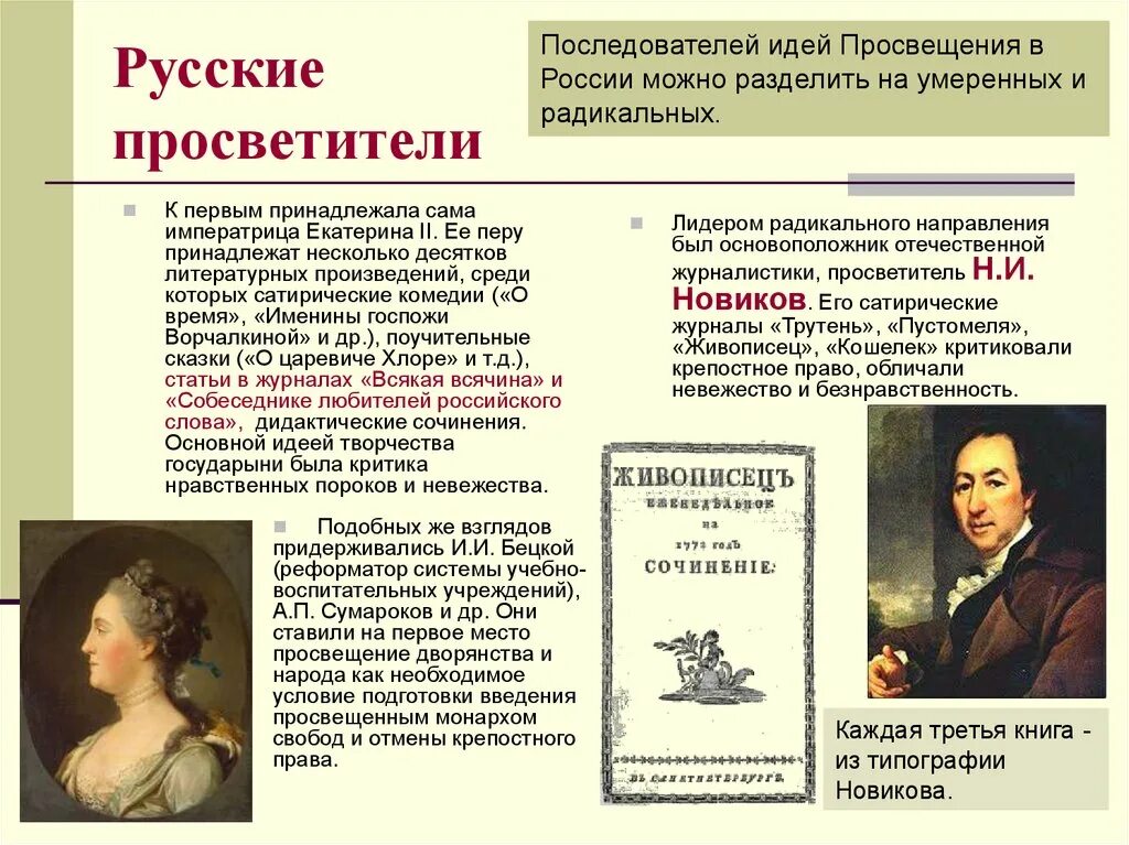 Идеи просвещения екатерины 2. Российские просветители эпохи Екатерины 2. Представители русского Просвещения 18 века. Просветители 18 века в России. Деятели Просвещения второй половины XVIII века.