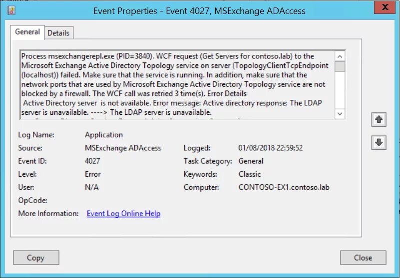 Event properties. Event ID Active Directory. "Server unavailable" message. Event properties - event 1, WMI-activity General details в Макрософт.