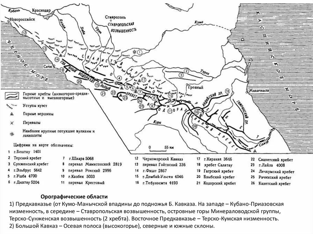 На какие крупные части разделяется кавказ. Схема вершин Кавказского хребта. Орографическая схема Кавказа. Главный кавказский хребет схема. Орография Кавказа схема.