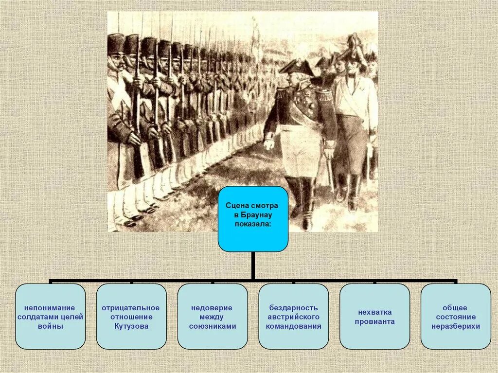 Сцена смотра под Браунау. Какой показывает толстой войну
