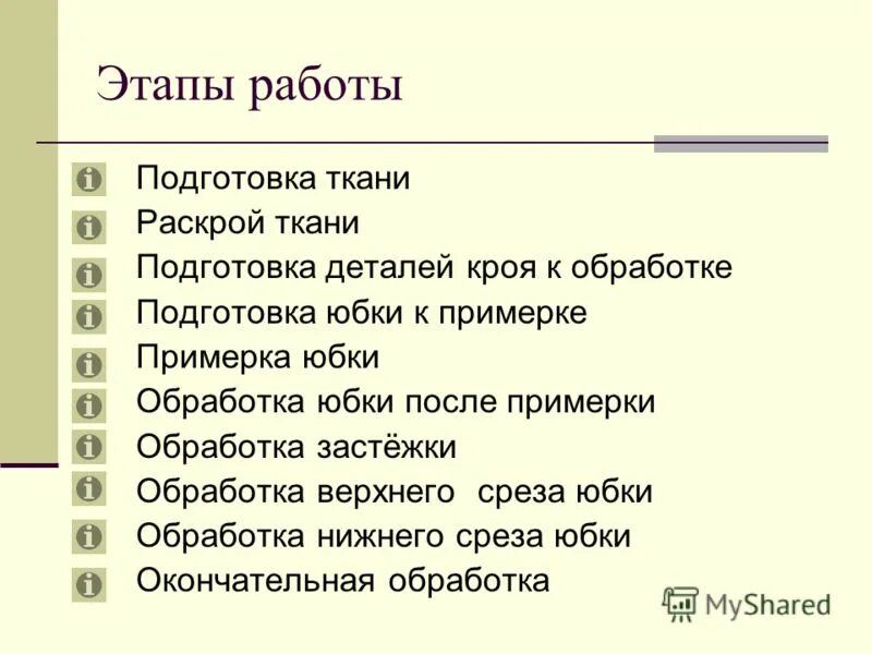 Последовательность изготовления прямой юбки. План изготовления изделия юбки. Подготовка деталей кроя. Обработка разреза. План изготовления изделия юбки.
