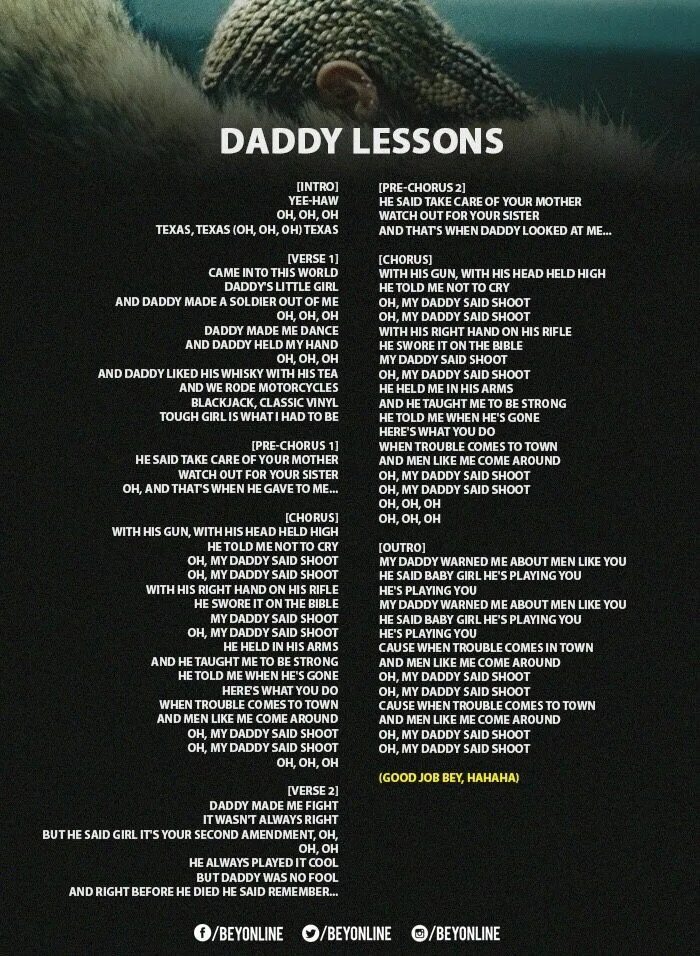 Beyonce Daddy Lessons. Текст песни Daddy. Daddy Lessons текст. Daddy Daddy Daddy песня текст. L am dad