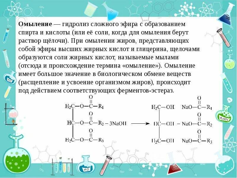 Механизм омыления сложных эфиров. Омыление жира в водно-спиртовом растворе. Омыление жира водно-спиртовым раствором щелочи. Омыление жирных кислот. Реакцией омыления называют