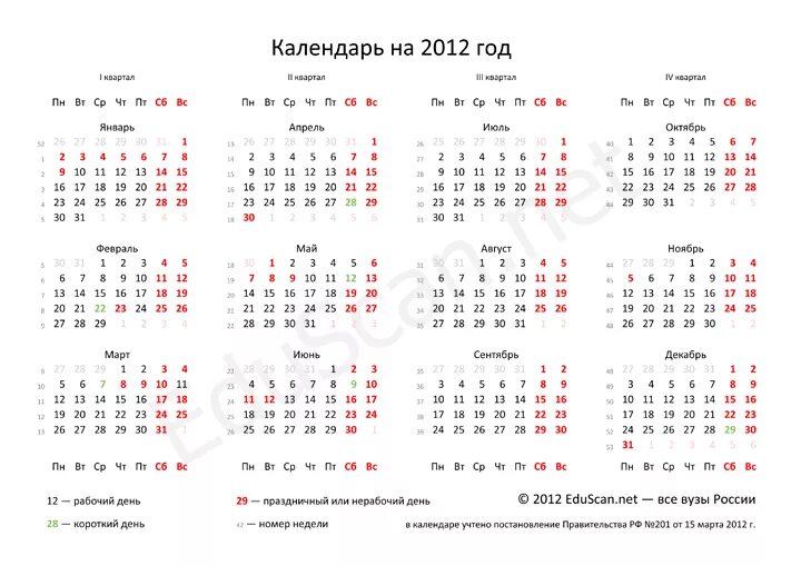 2012 год дни недели