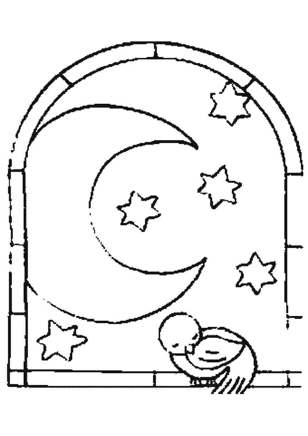 Ночь раскраска для детей. Раскраска месяц и звезды. Раскраска Луна и звезды. Трафарет месяц и звезды на окно.