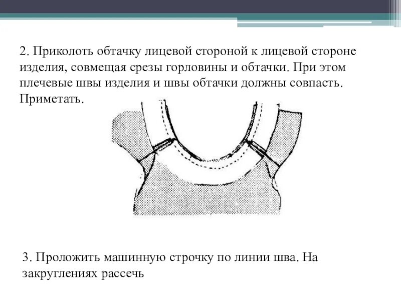 Срезы обтачек. Обтачка горловины подкройной обтачкой. Обработка горловины подкройной обтачкой. Технологическая карта обработка горловины подкройной обтачкой. Обработка горловины ночной сорочки подкройной обтачкой.