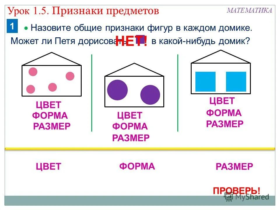 Признак предмета цвет. Признак предмета. Общий признак предметов. Признаки фигур. Признаки предмета математика.