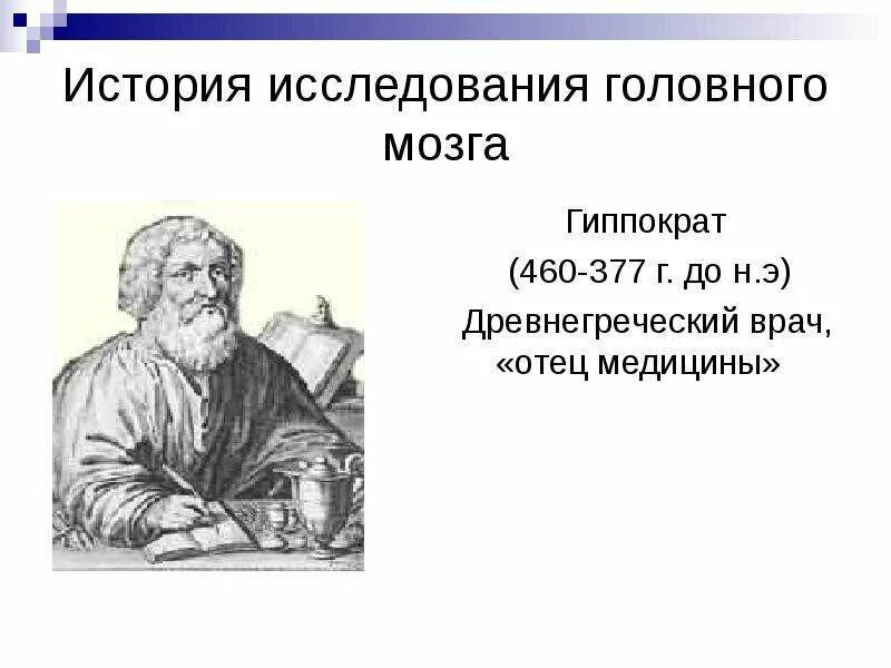 Урок исследование история. Гиппократ (377 г. до н.э.). История изучения человеческого мозга. История исследования человека. Великий древнегреческий врач Гиппократ(460-377 до н.э.) портрет.