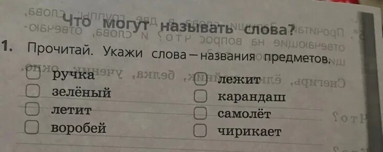 48 прочитай слова. Прочитай слова-названия предметов. Прочитай укажи. Отметь слова называющие предметы. Укажи слова названия предметов ручка зеленый.