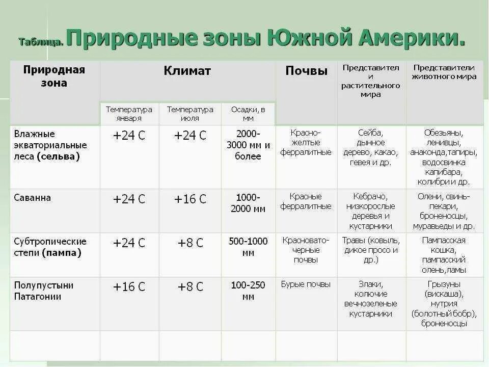 Природные зоны и их основные особенности великобритании. Природные зоны Южной Америки таблица 7 климатический пояс. Природные зоны Южной Америки таблица природная зона. Характеристика природных зон Южной Америки таблица. Характеристика природных зон таблица 7 класс география.