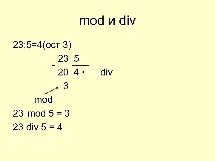 4 div 5 3. Див и мод в информатике. Div Mod. Мод и див в Паскале. Задачи на див и мод.