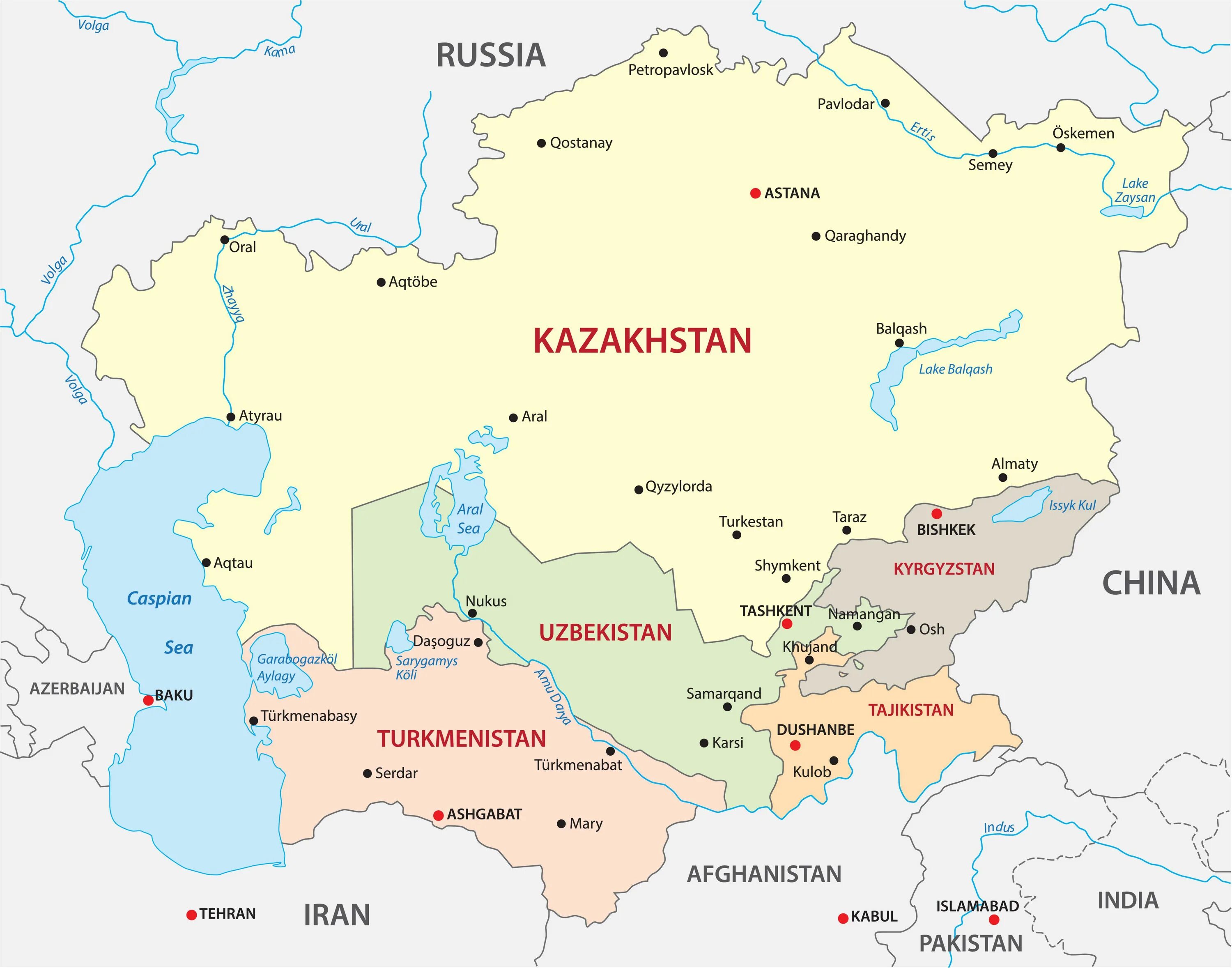 Казахстан не имеет выхода к. Карта средней азии и казахстана. политическая карта средней азии. центральная азия на карте азии. узбекистан центральная азия.