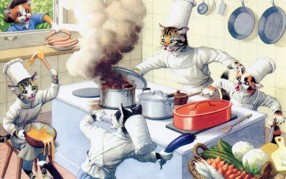 Alfred Mainzer художник. Котенок Поваренок. Прикольные картины на кухню. Картина повара на кухне. Варят кошек