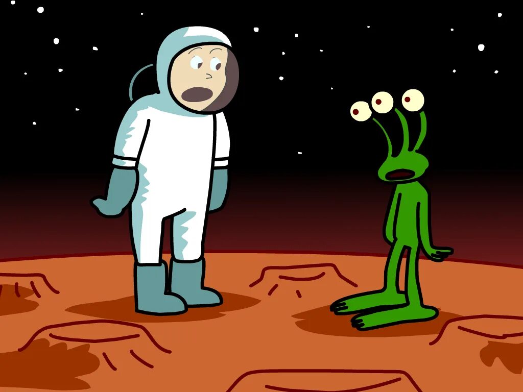 Марсиане на Марсе. Смешной Марсианин. Космонавт и инопланетянин. Космические пришельцы.