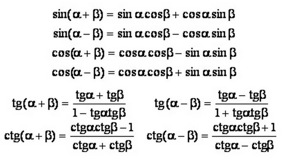 Формулы суммы и разности синусов и косинусов и тангенсов. Формула суммы и разности синусов и косинусов тангенсов котангенсов. Формулы сложения синусов и косинусов тригонометрия. Формулы суммы синуса косинуса и тангенса. Формулы альфа плюс бета