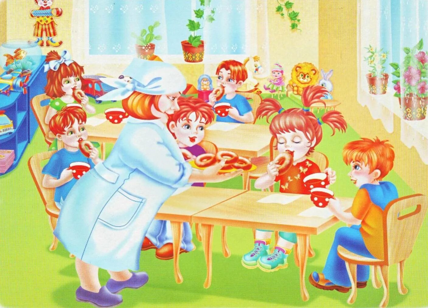 Картинки доу. Детский сад иллюстрация. Дети за столом в детском саду. Сюжетные картины для детского сада. Детский сад за столом.