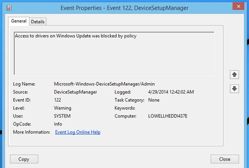 Use event. Event properties. Microsoft-Windows-Devicesetupmanager/admin.