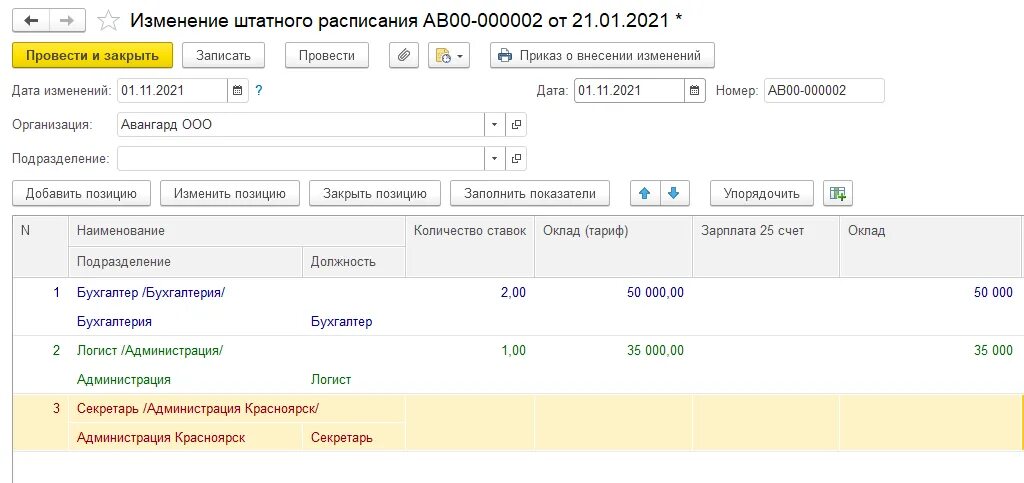 1с изменение штатного расписания