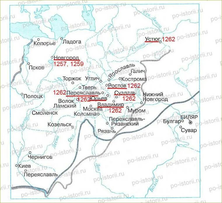 Золотая Орда и Северо-Восточная Русь. Города Руси в которых произошли антиордынские Восстания. Карта антиордынских восстаний. На контурной карте отметьте цветом города Северо-Восточной Руси.