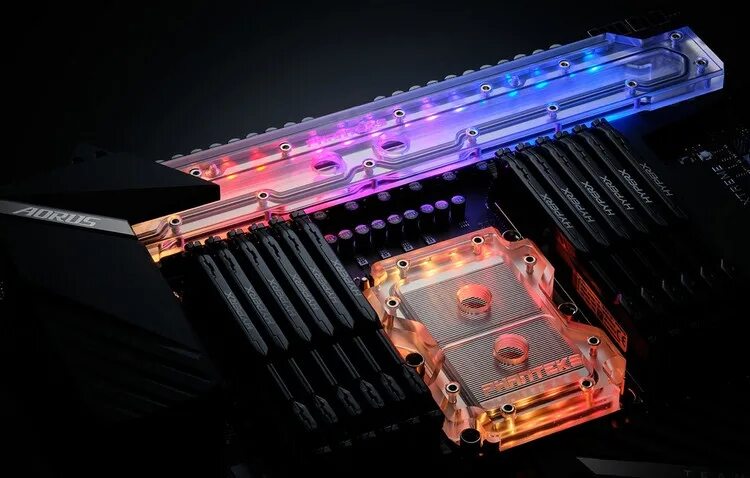 Светящиеся материнские платы. 1080 Ti AORUS водоблок. Gigabyte c621 AORUS Xtreme. Водоблок для VRM. Водоблок для материнской платы Gigabyte.