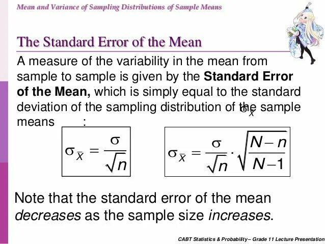 Sampling distribution of the Sample mean. Standart Error of the mean. Standard Error of the mean. Mean variance. Mean std